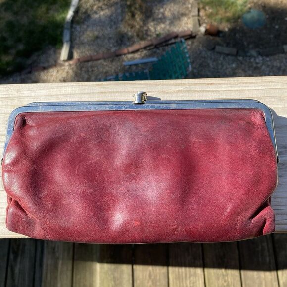 HOBO Handbags - HOBO Lauren Clutch Wallet Purse Glazed Leather Red Burgundy Distress Kiss Lock